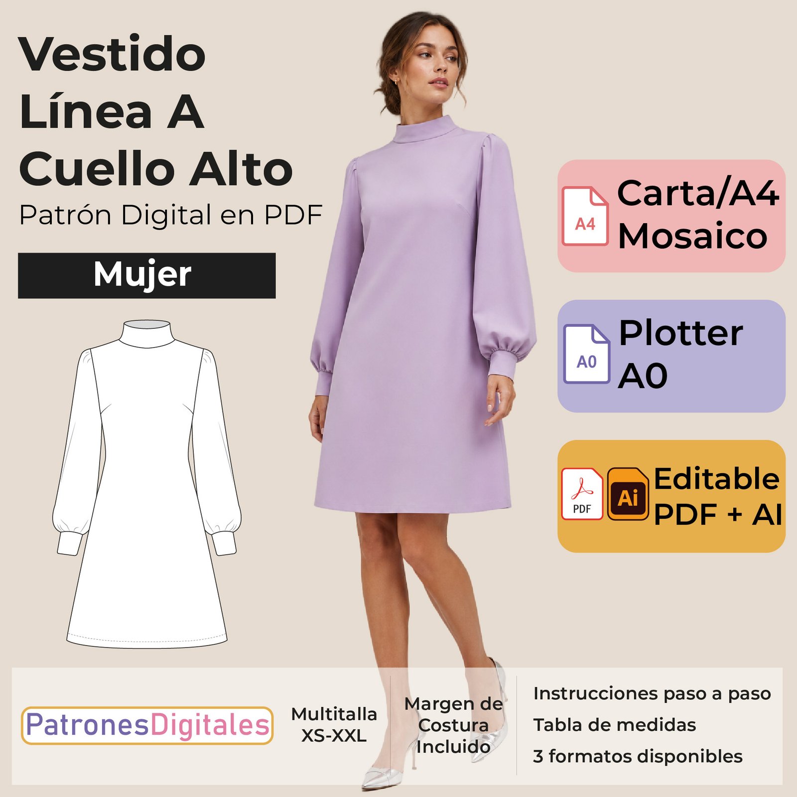 tienda 1 vestido línea A cuello alto mujer